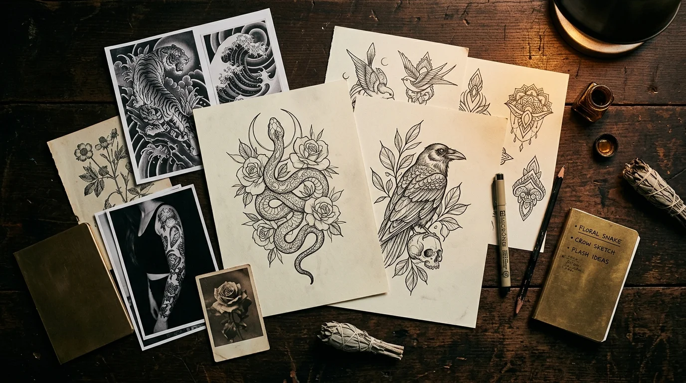 Minimalist tattoo design on paper with fine-line botanical sketches, dark background, dramatic lighting