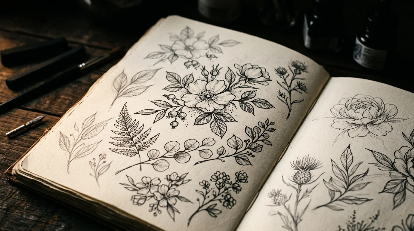 Close-up of a hand resting on a sketchbook with tattoo design drawings, warm lighting, dark moody background