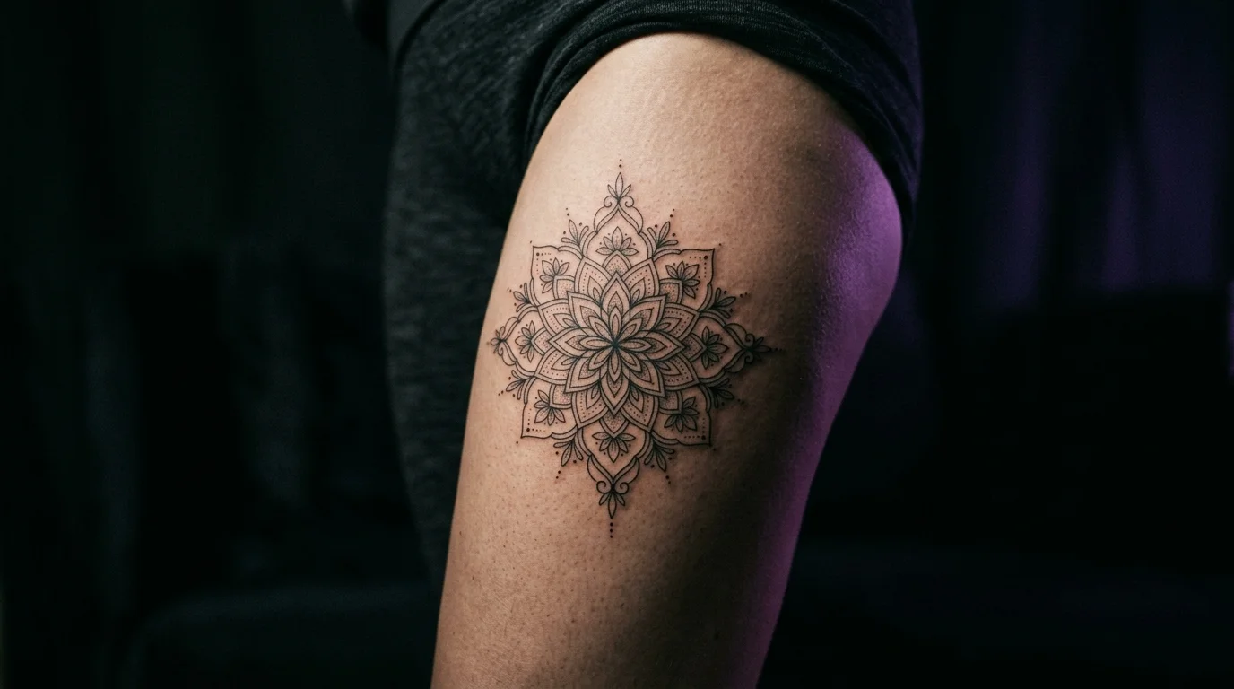 Fine line mandala tattoo centered on the outer thigh, dark moody background with purple accent light