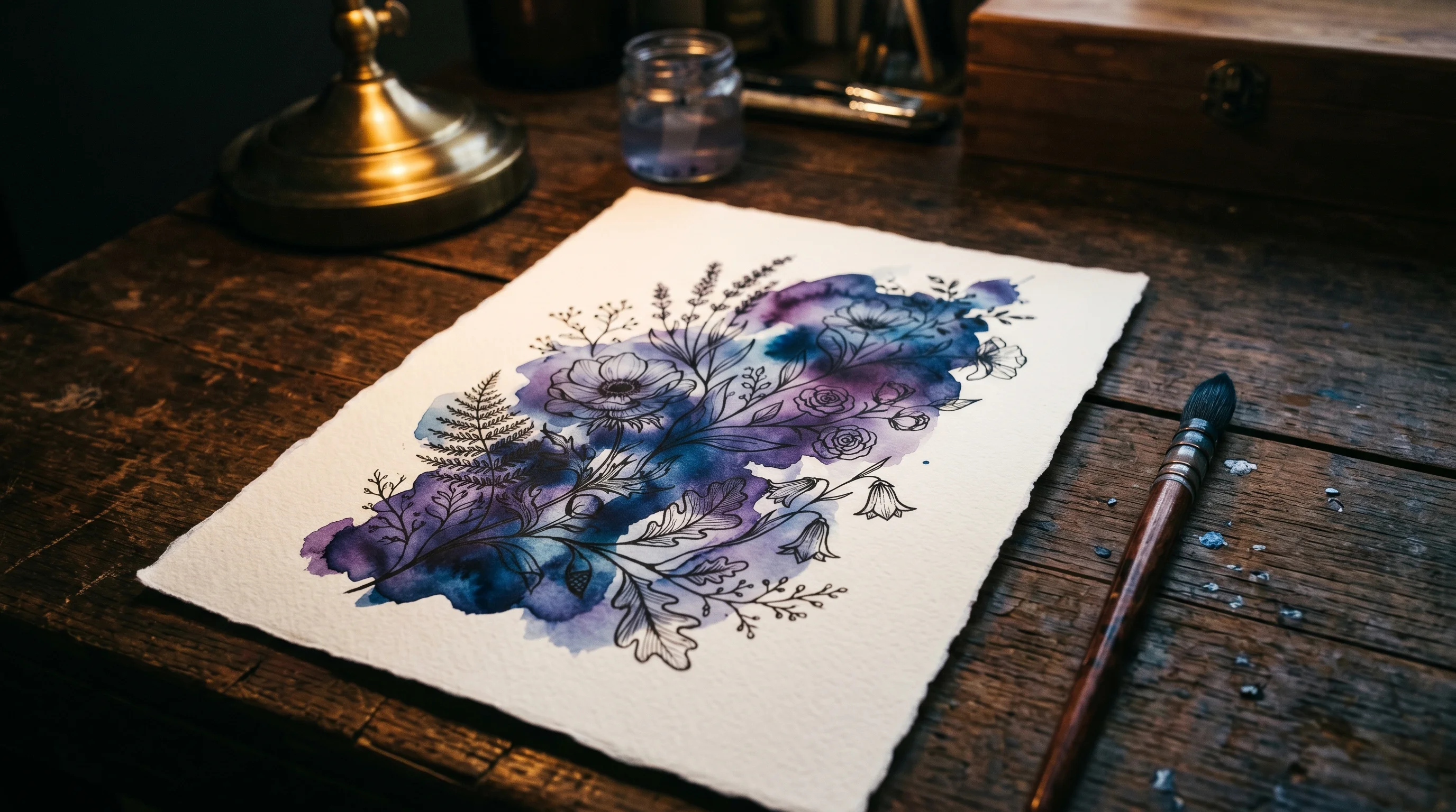 Watercolor tattoo reference art on paper — rich flowing washes of deep blue and violet ink with subtle botanical line sketches emerging from the color wash, resting on a dark wooden surface, warm desk lamp light, cinematic editorial photography, no hands, no faces, no text