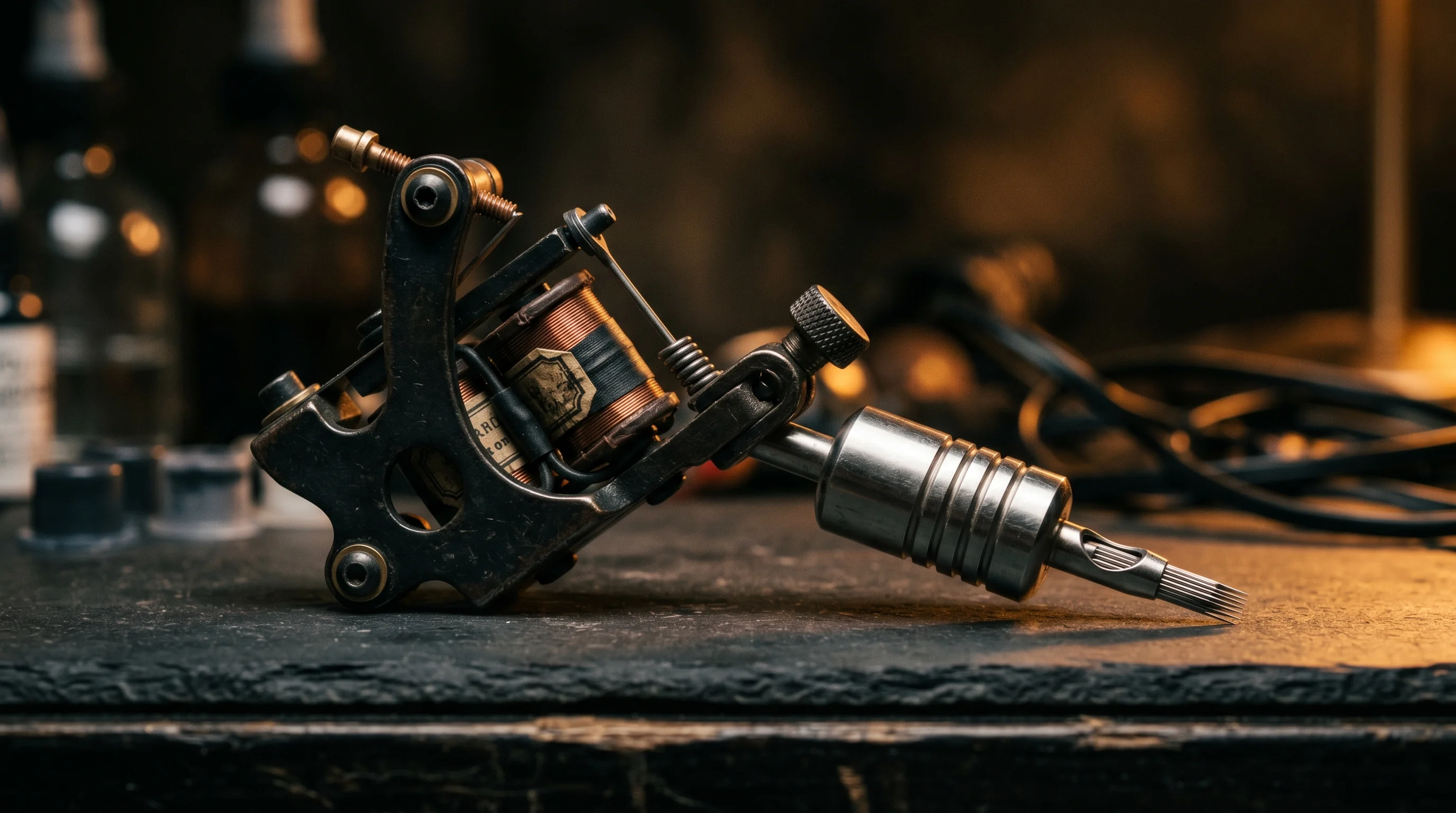 Professional tattoo machine photographed from the side at close range, needle tip in sharp focus, dark moody studio background, dramatic warm amber lamp glow, cinematic editorial macro photography, no text, no faces
