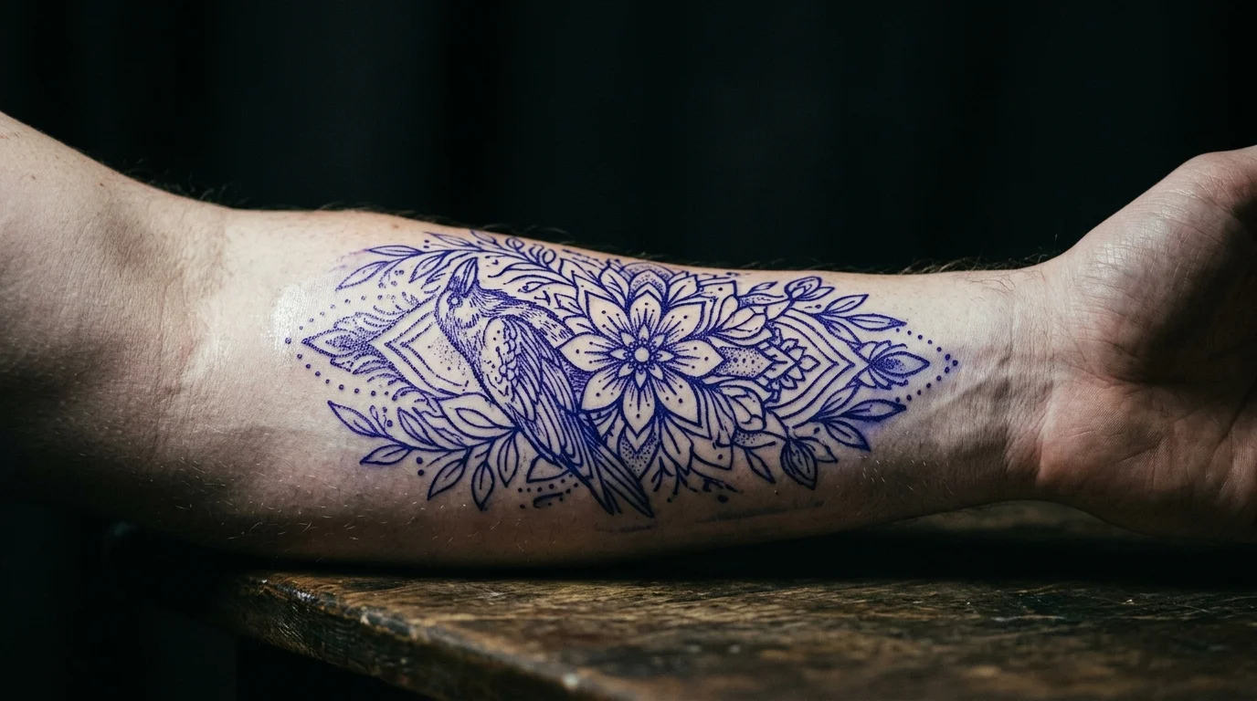 A tattoo artist's gloved hand applying a transfer stencil to a person's forearm, both hands visible in close detail, warm focused lamp light from above, dark studio background, shallow depth of field, professional setting, no faces, no text