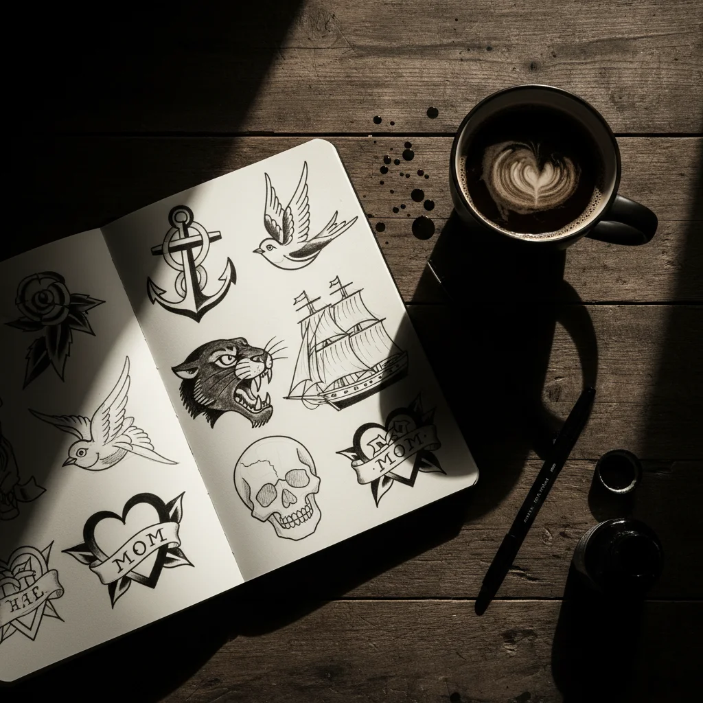 A close-up of a sketchbook with tattoo design references and a coffee cup, moody overhead lighting