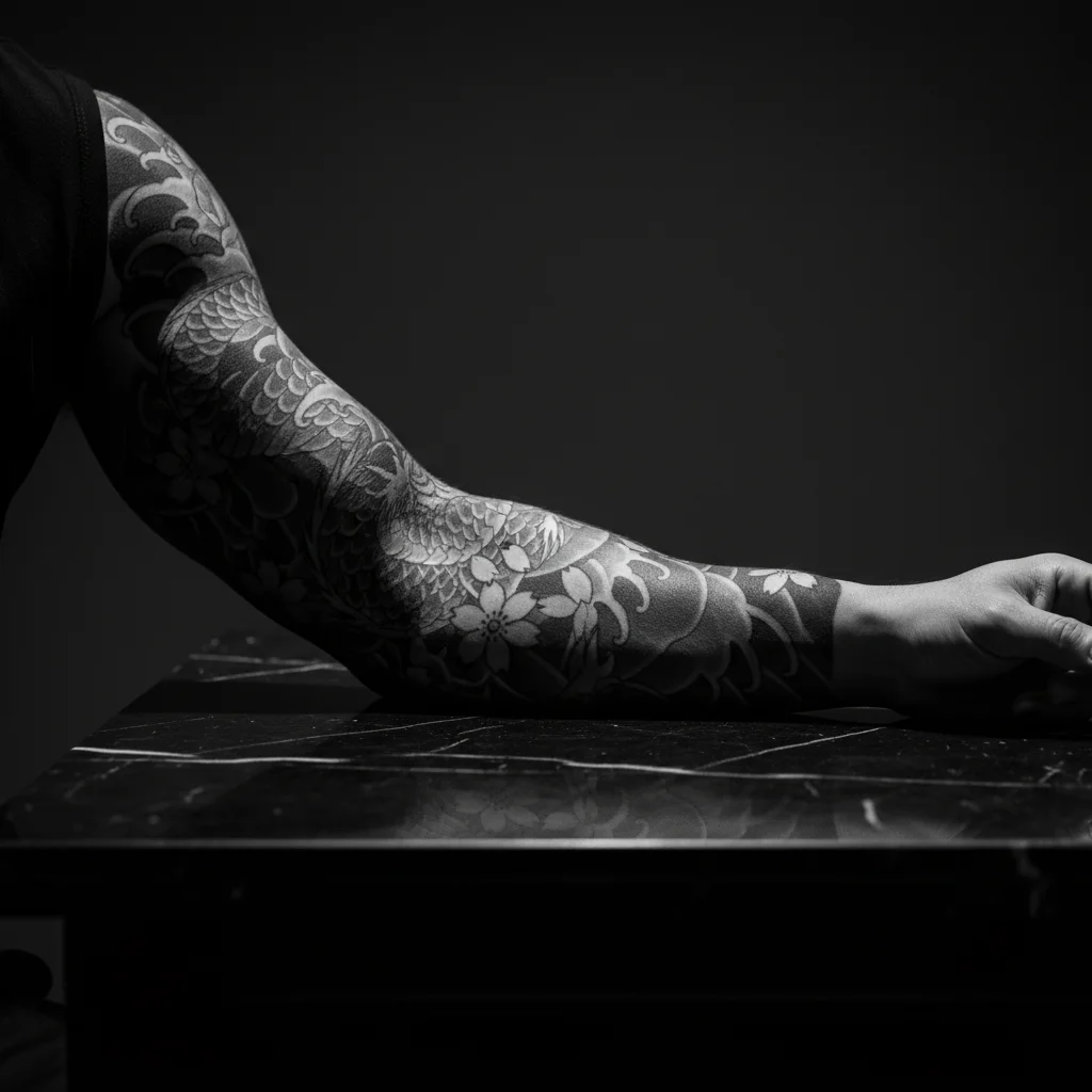 A dark atmospheric portrait of someone studying their arm in low light, thinking about tattoo placement