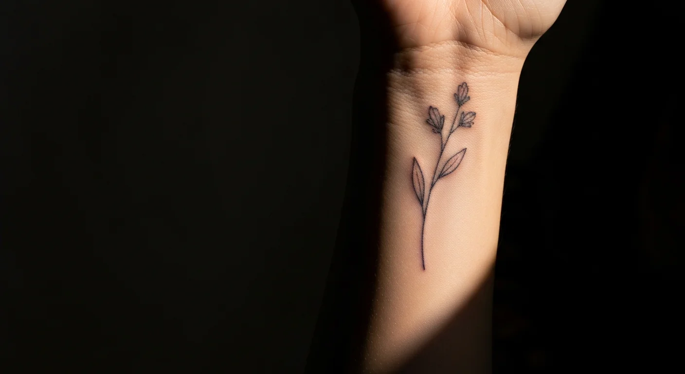 Close-up of inner wrist with delicate fine-line botanical tattoo, dramatic side lighting, dark background, shallow depth of field