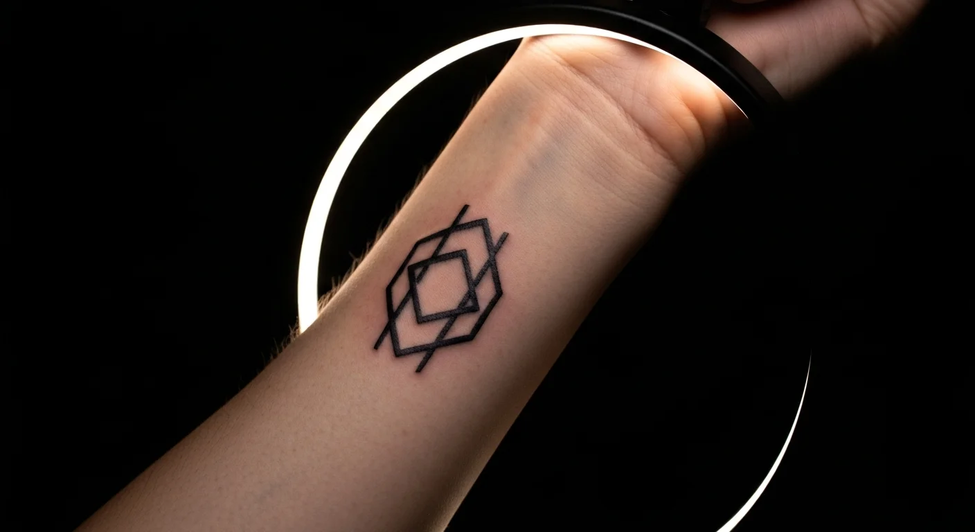 Outer wrist close-up with bold minimalist geometric tattoo, dramatic rim lighting, dark editorial background